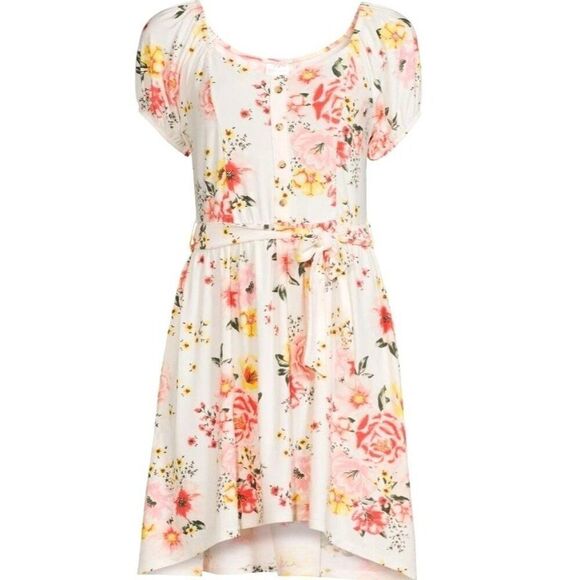 Women's Floral High-Low Dress XL Fairy Puff Sleeves Waist Tie White Pink Yellow - Picture 7 of 9